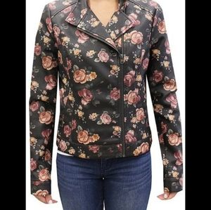 Coffeeshop floral print moto vegan leather jacket.